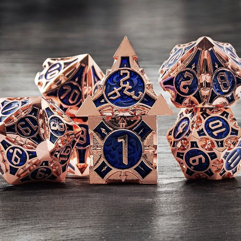 Royal Bloom Rose Gold and Blue Metal Dice Set | DnD Gaming Dice