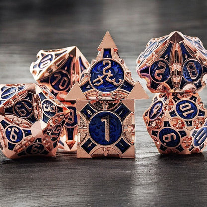 Royal Bloom Rose Gold and Blue Metal Dice Set | DnD Gaming Dice