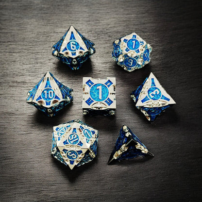 Arctic Sigil Silver Blue Hollow Metal Dice Set | DnD Gaming Dice