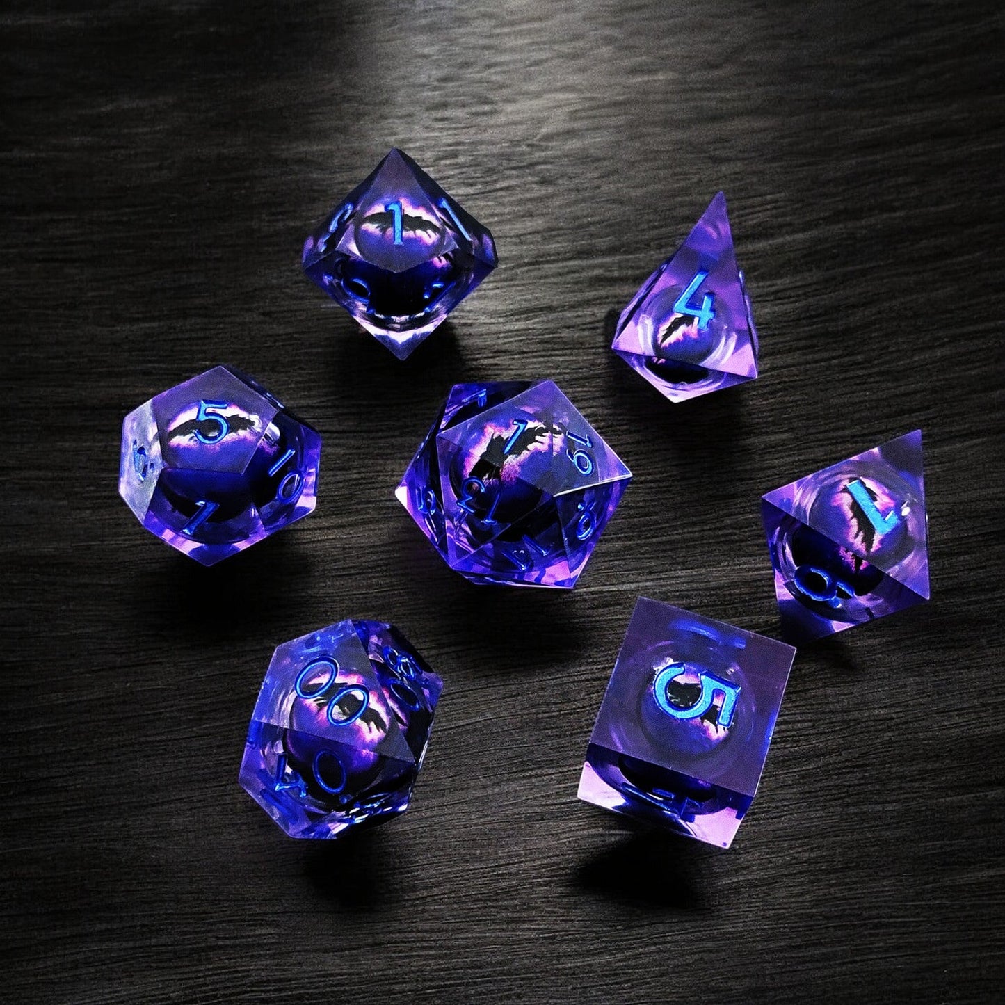 Dark Purple Phantom Nebula Liquid Core Resin Dragon Eye D&D Polyhedral Dice Set