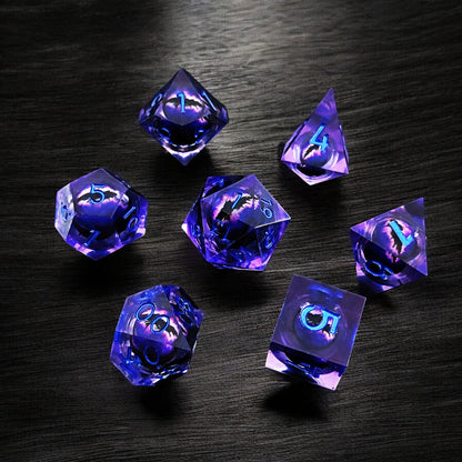 Dark Purple Phantom Nebula Liquid Core Resin Dragon Eye D&D Polyhedral Dice Set