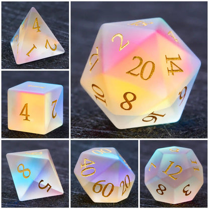 Colorful Gem Glass Dice Set | DND Polyhedral Dice with Gold Font
