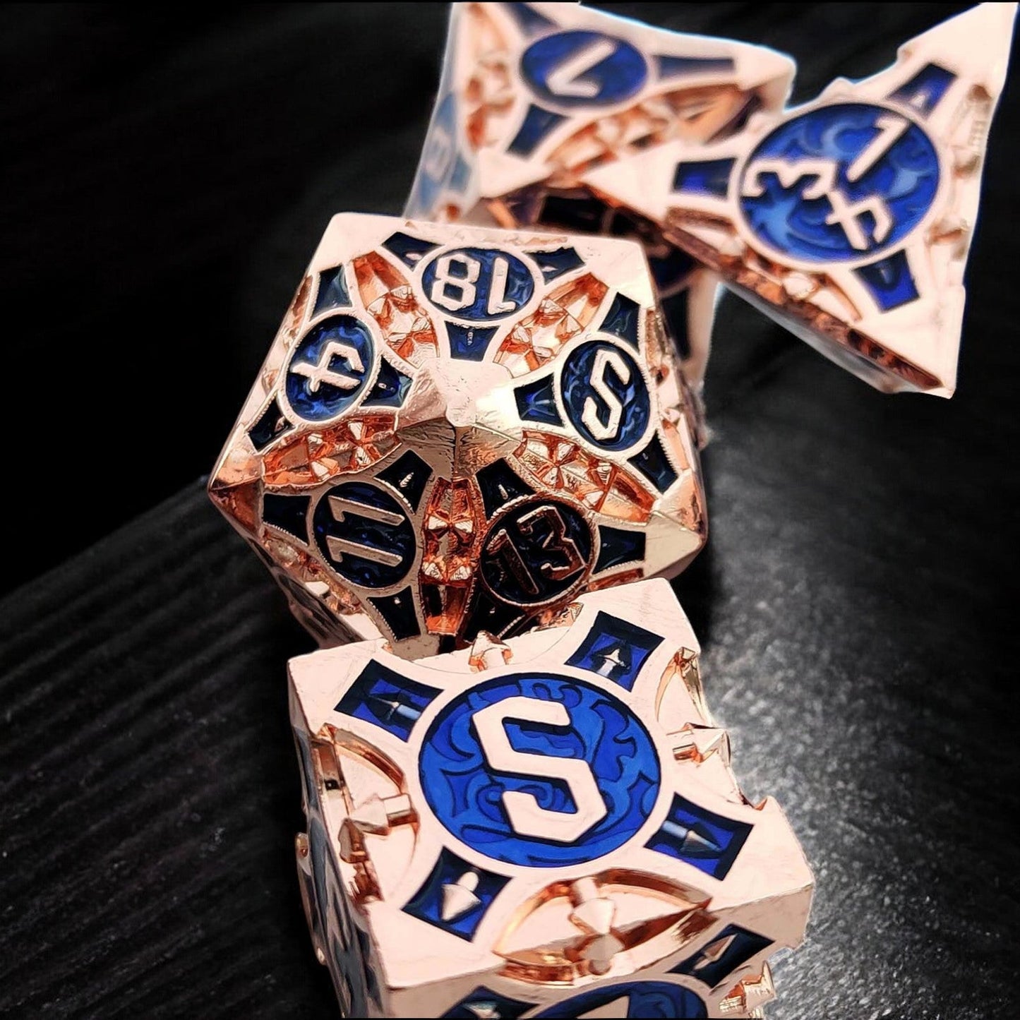 Royal Bloom Rose Gold and Blue Metal Dice Set | DnD Gaming Dice