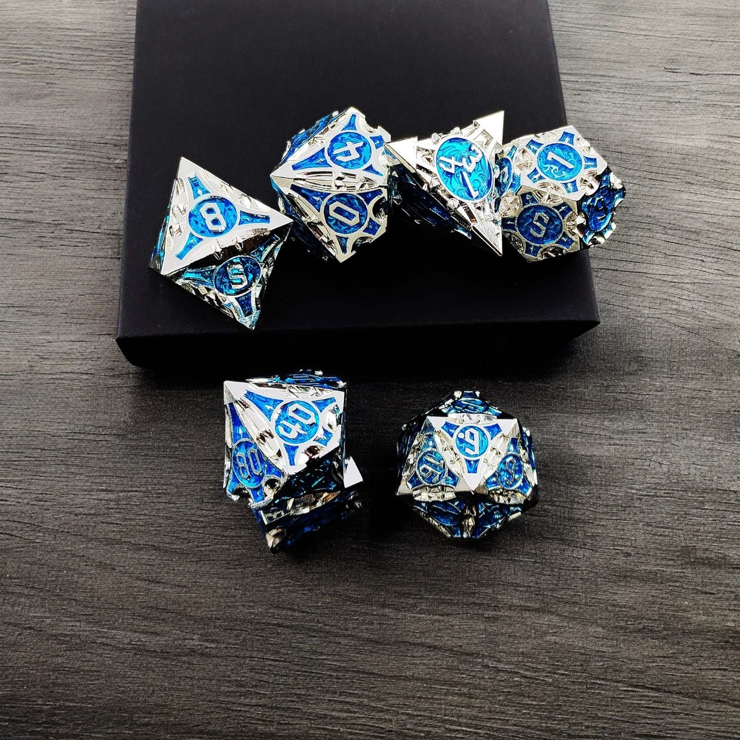 Arctic Sigil Silver Blue Hollow Metal Dice Set | DnD Gaming Dice