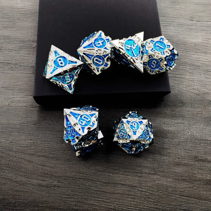 Arctic Sigil Silver Blue Hollow Metal Dice Set | DnD Gaming Dice