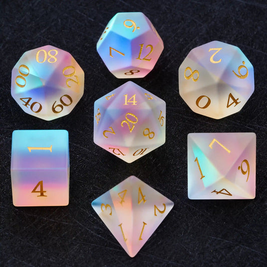 Colorful Gem Glass Dice Set | DND Polyhedral Dice with Gold Font