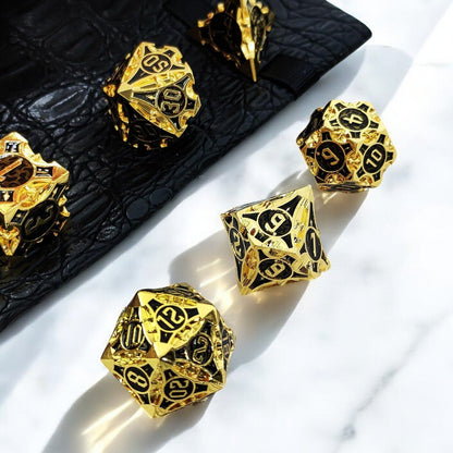 Golden Obelisk Black Gold Metal Dice Set | DnD Tabletop Dice