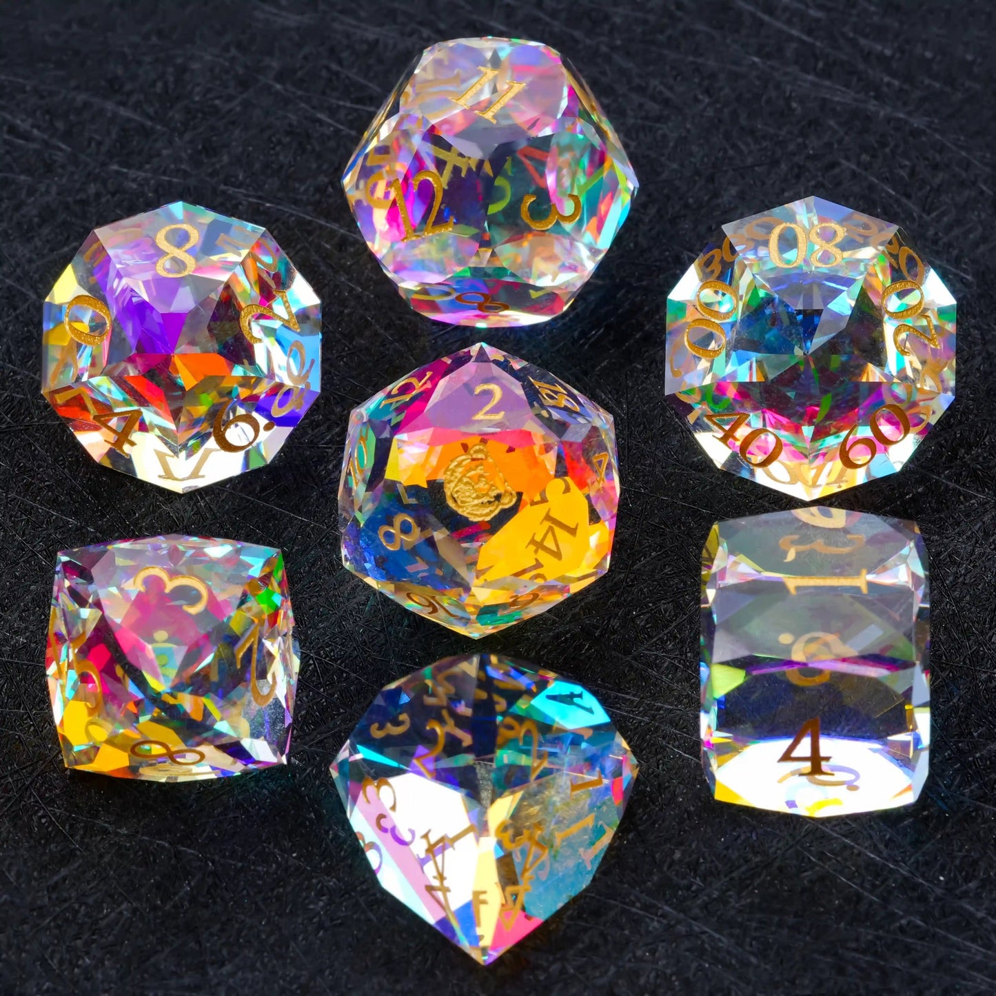 Ember Dice Faceted Prism DND Glass Dice Set with Gold Font