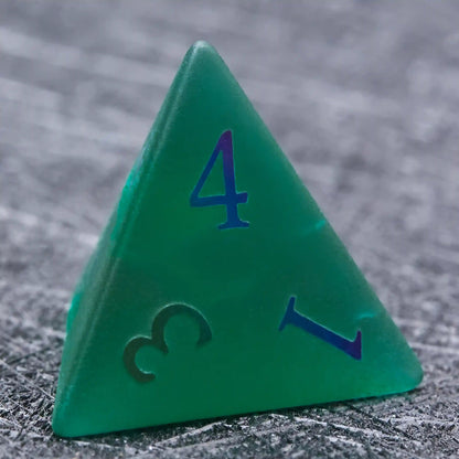 Green Glass Frosted Gem DND Dice Set with Colored Fonts