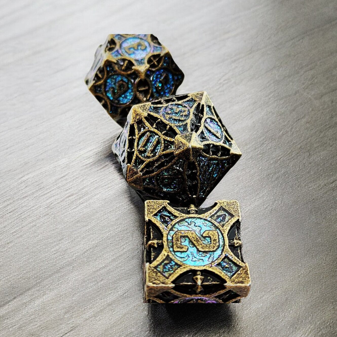 Forest Wrought Bronze & Turquoise Metal Dice Set | DnD Gaming Dice