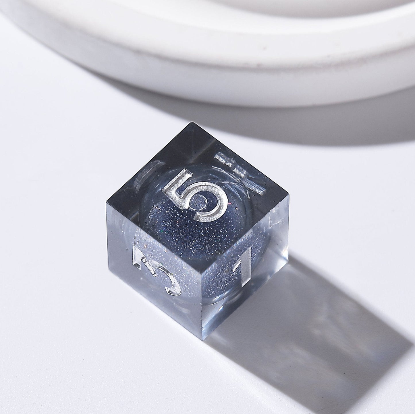 Liquid Core Resin D&D Dice | Cosmic Eclipse Gray-Silver Glitter Dice Set