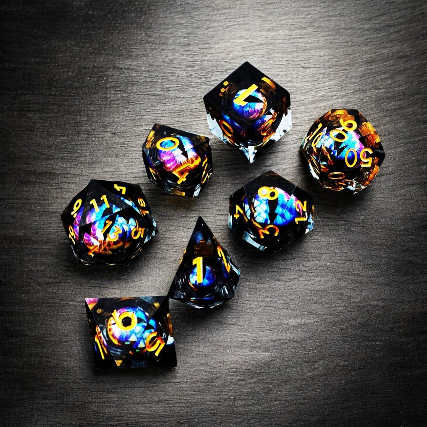 Liquid Core Resin Dice Set – Prismatic Flame Dragon Eye DnD Dice for D&D Games