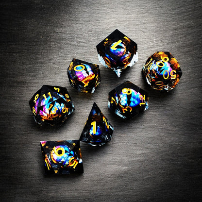 Liquid Core Resin Dice Set – Prismatic Flame Dragon Eye DnD Dice for D&D Games