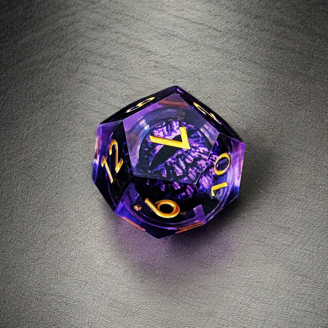 Dragon Eye Liquid Core Resin Dice Set | Golden Purple Arcane Twilight D&D