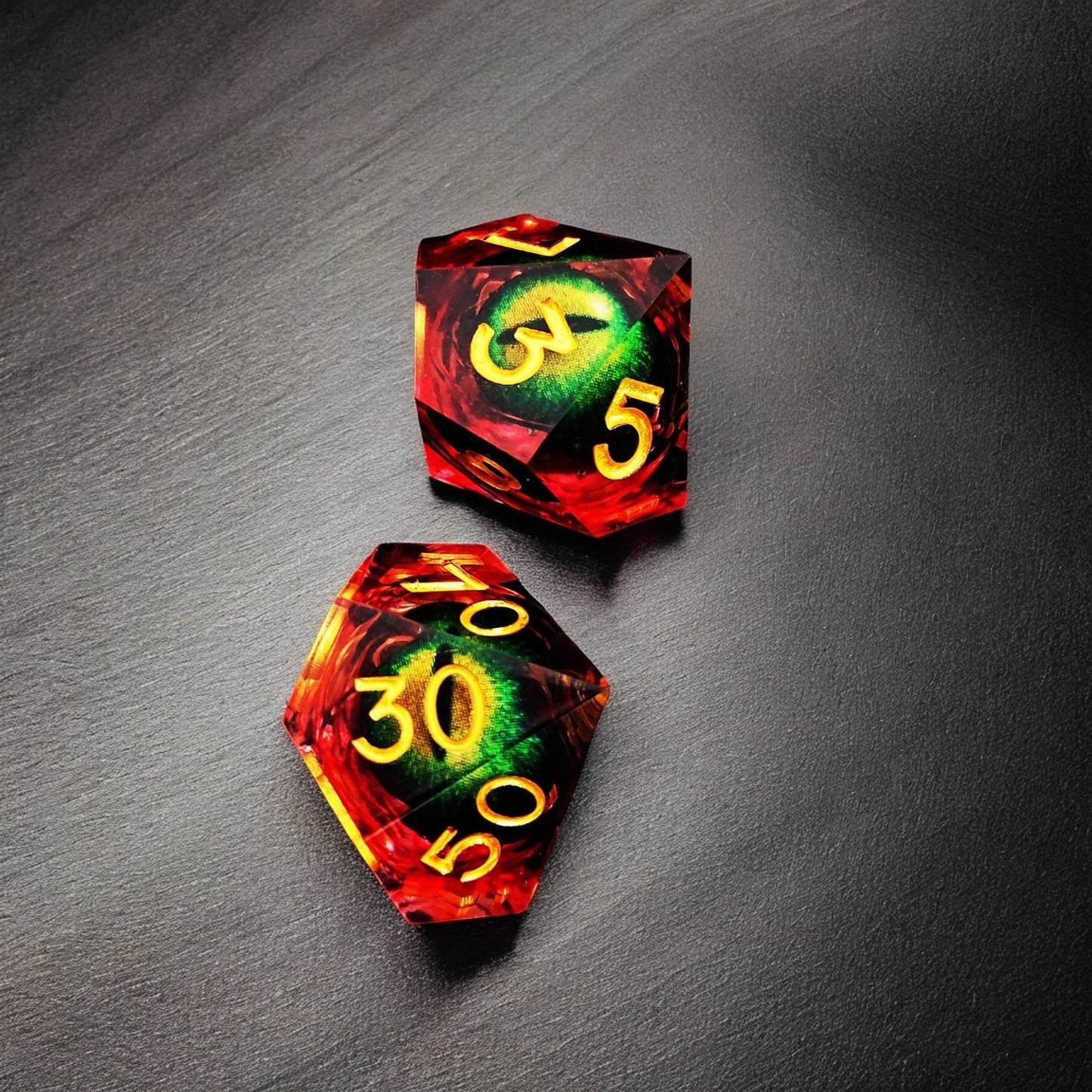Golden Flame Dragon Eye Dice, Liquid Core Resin D&D Tabletop Dice Set