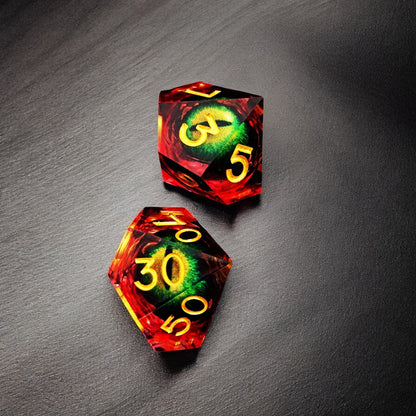 Golden Flame Dragon Eye Dice, Liquid Core Resin D&D Tabletop Dice Set