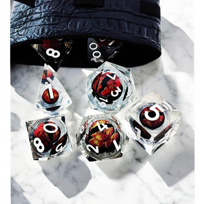 Red Transparent Infernal Orb Dragon Eye Liquid Core Resin DnD Dice Set