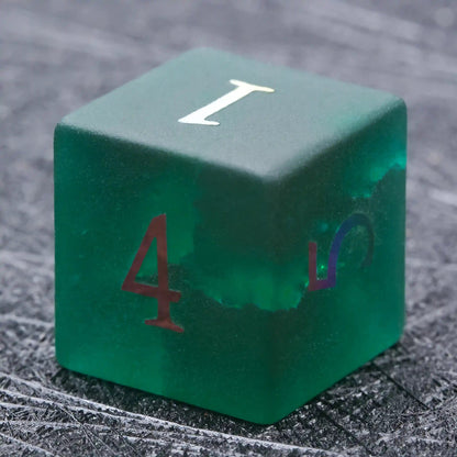 Green Glass Frosted Gem DND Dice Set with Colored Fonts