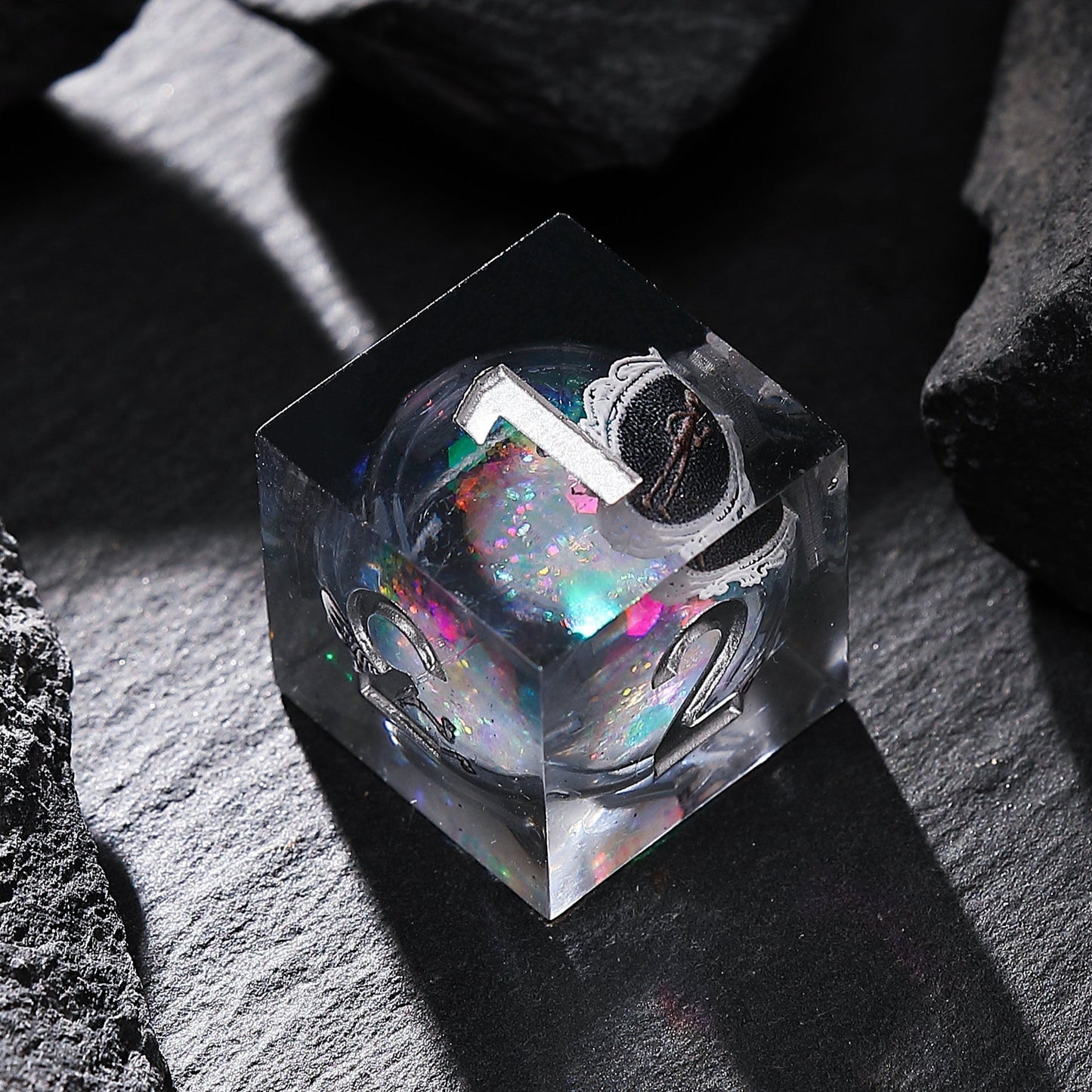 Phantom Ruins Black Silver Skeleton Liquid Core Resin D&D Dice Set