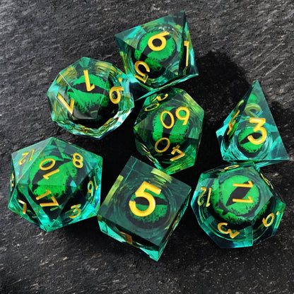 Green Emerald Abyss Dragon Eye Resin Dice with Liquid Core