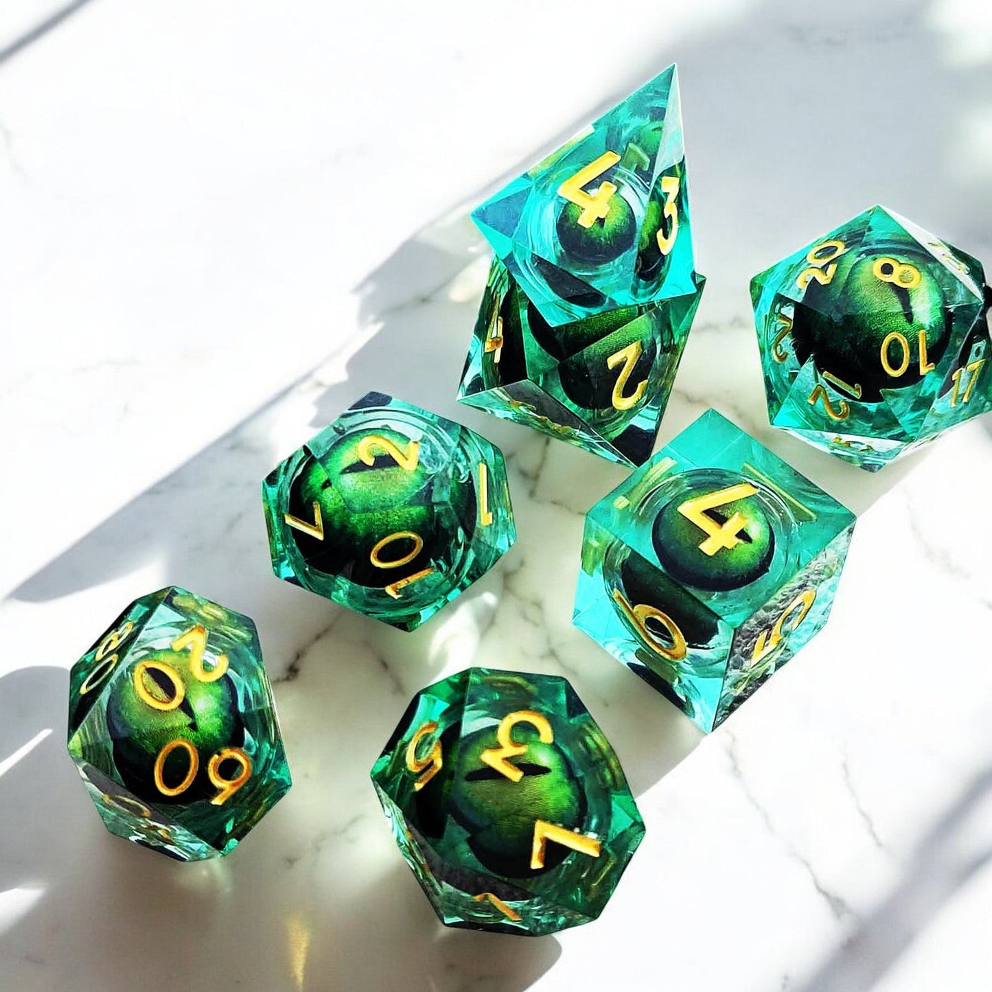 Green Emerald Abyss Dragon Eye Resin Dice with Liquid Core