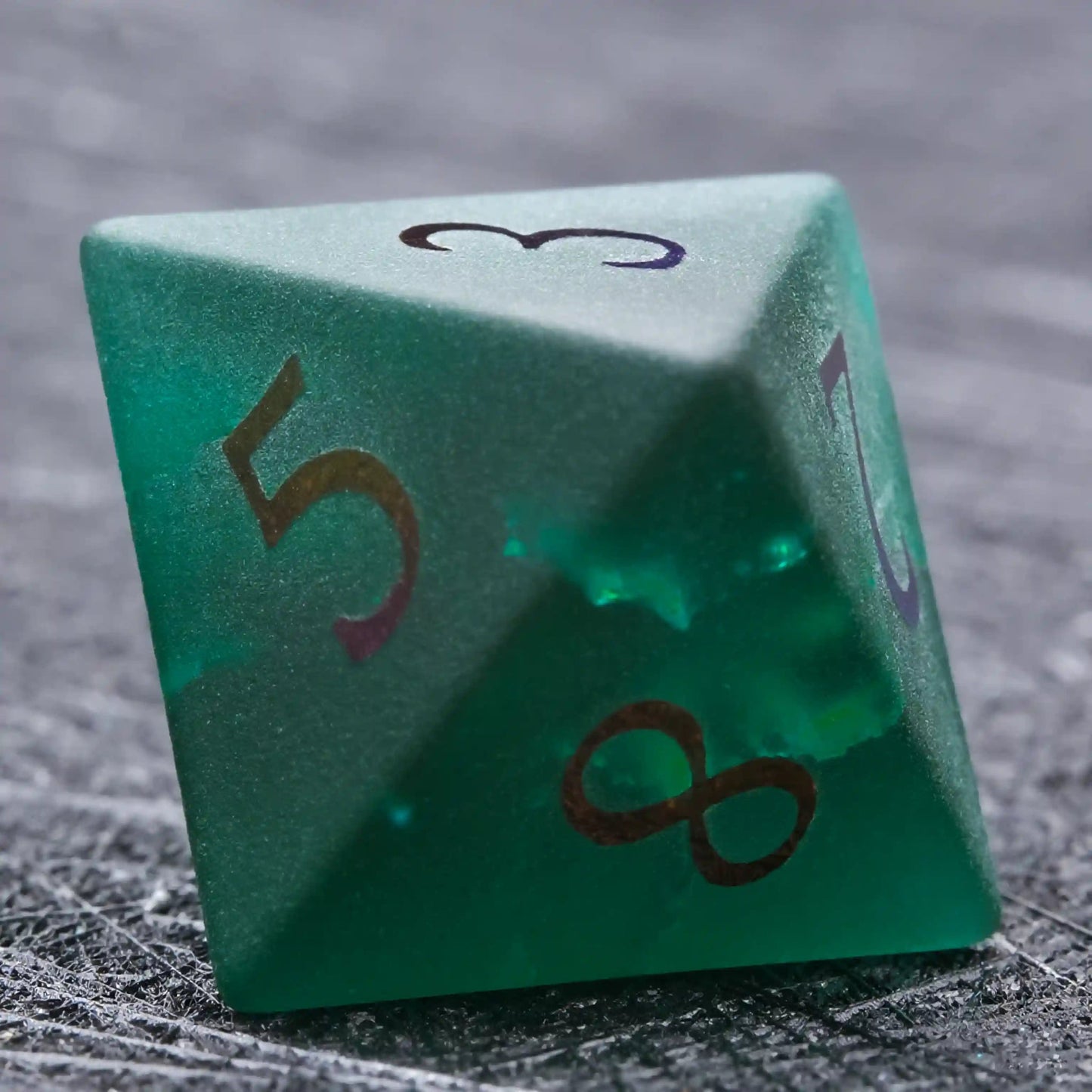 Green Glass Frosted Gem DND Dice Set with Colored Fonts