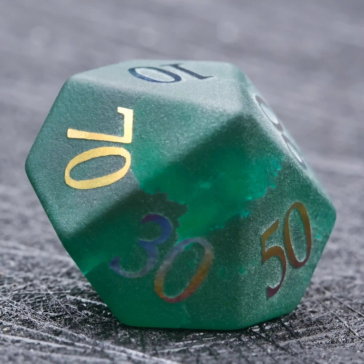 Green Glass Frosted Gem DND Dice Set with Colored Fonts