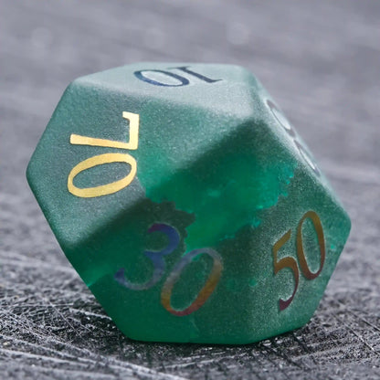 Green Glass Frosted Gem DND Dice Set with Colored Fonts