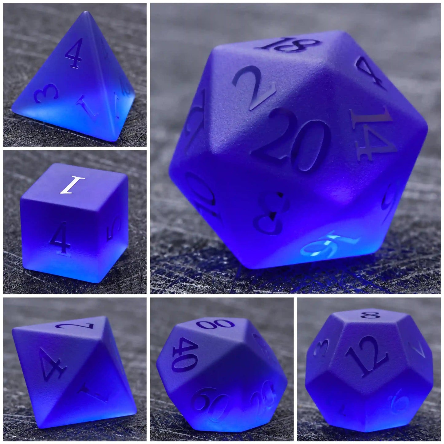 Polyhedron Blue Glass Frosted Gem DND Dice Set with Transparent Font