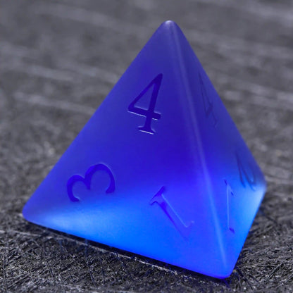 Polyhedron Blue Glass Frosted Gem DND Dice Set with Transparent Font