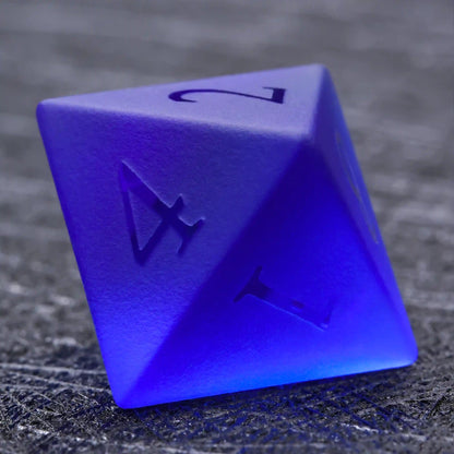 Polyhedron Blue Glass Frosted Gem DND Dice Set with Transparent Font