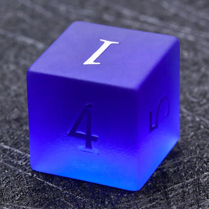 Polyhedron Blue Glass Frosted Gem DND Dice Set with Transparent Font