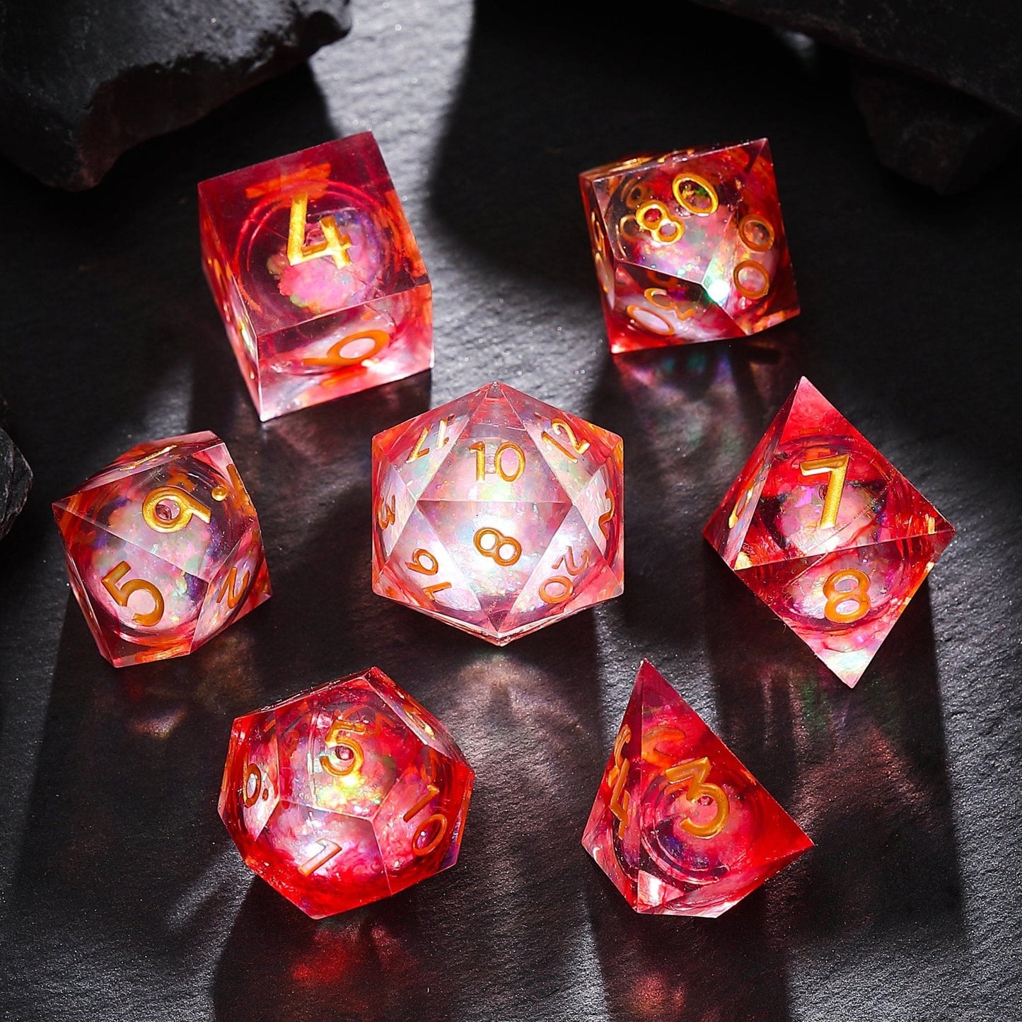 Ruby Inferno Red Gold Liquid Core Resin D&D Dice Set for TTRPG & Tabletop Games