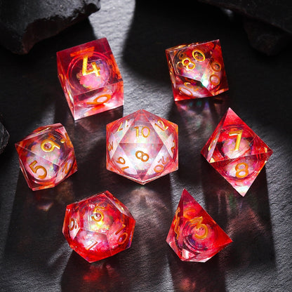 Ruby Inferno Red Gold Liquid Core Resin D&D Dice Set for TTRPG & Tabletop Games