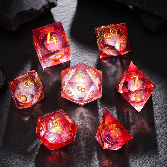 Ruby Inferno Red Gold Liquid Core Resin D&D Dice Set for TTRPG & Tabletop Games
