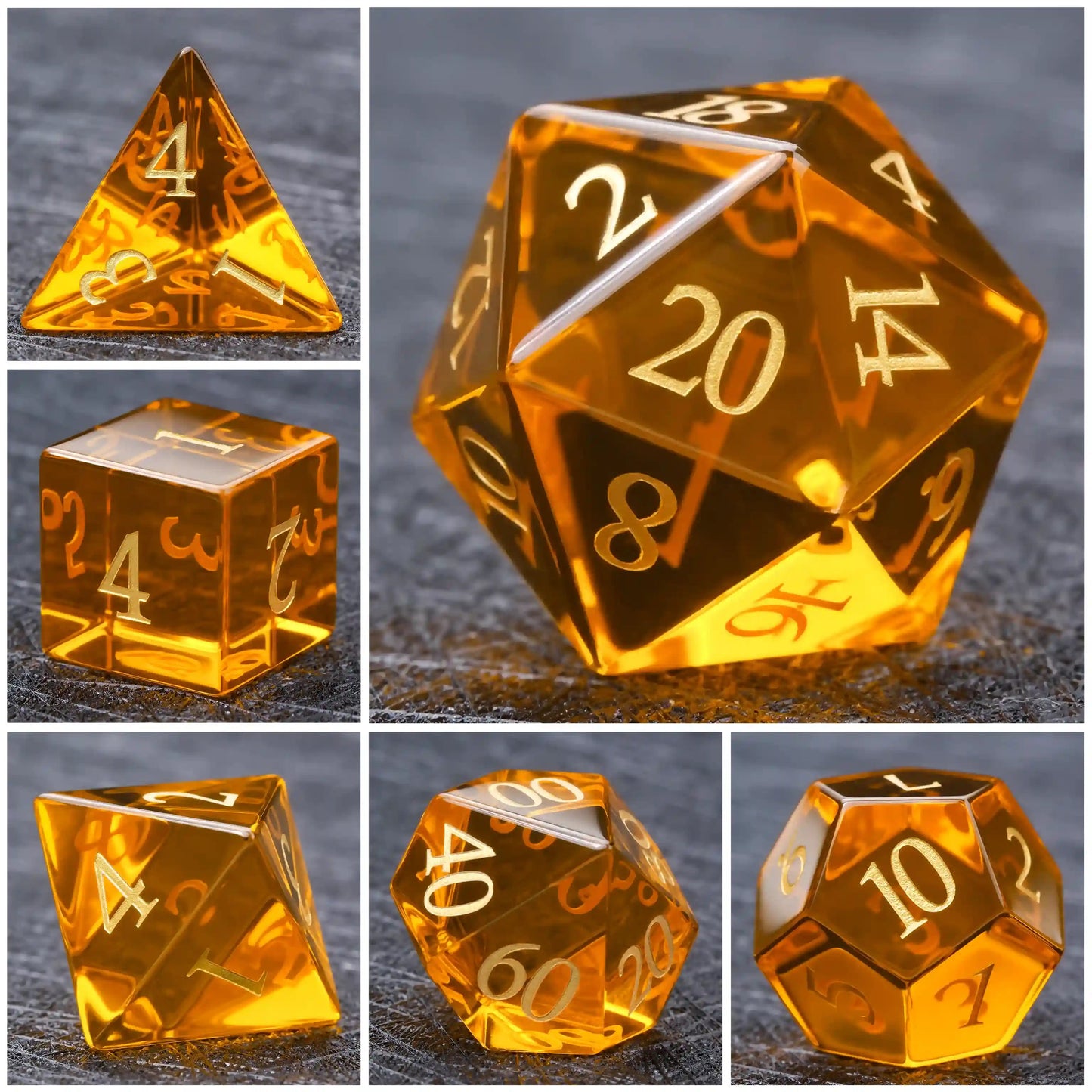 Polyhedral Orange Glass Gemstone Dice Set for DND D&D Tabletop RPG