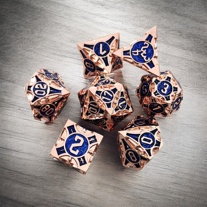 Royal Bloom Rose Gold and Blue Metal Dice Set | DnD Gaming Dice